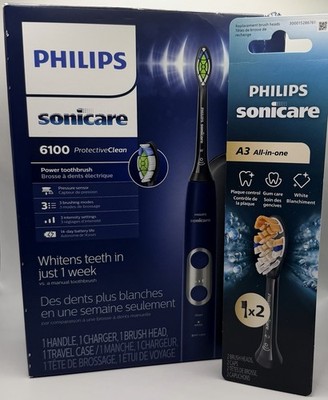 NEW Philips Sonicare ProtectiveClean 6100 - Navy + 2 Pack A3 Refill Brush Heads