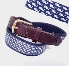 VINEYARD VINES BELT BLUE MINTY 28" WHALE CANVAS BROWN LEATHER BRASS BUCKLE
