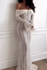Women's Floral Lace Long Sleeve Off Shoulder Wedding Mermaid Dress. M
