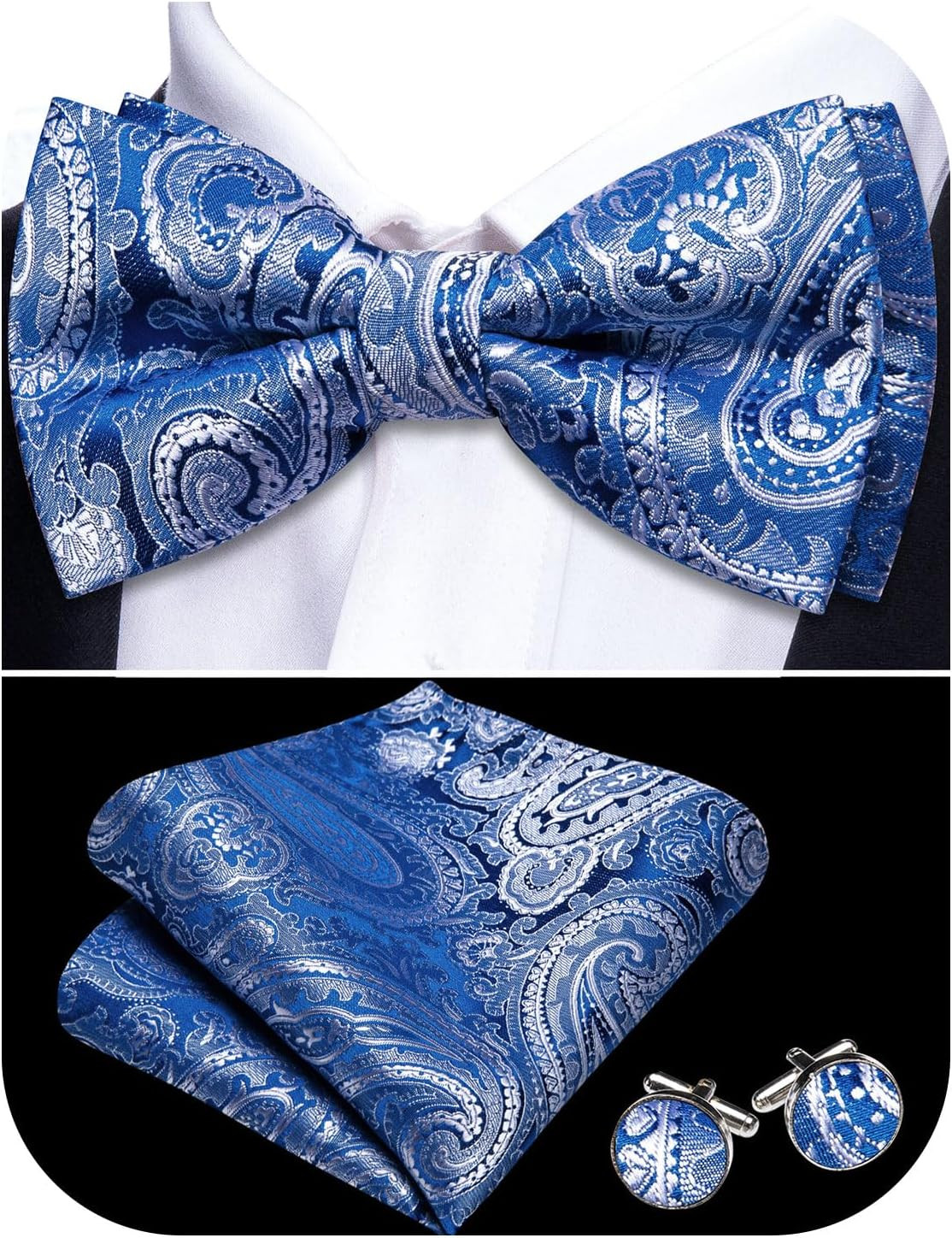 Paisley Striped Bow Tie for Men Silk Pre-Tied Bowtie Pocket Square Cufflinks Set