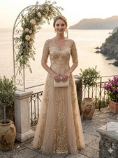 Formal Maxi Gown Size 16 Gold Sequin Embroidered Mesh Bodice Square Neck Prom