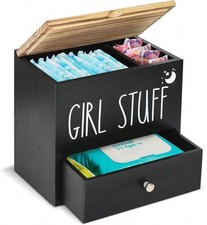 New Tampon Holder Black Wood Bathroom Organizer Drawer Lid Feminine Storage