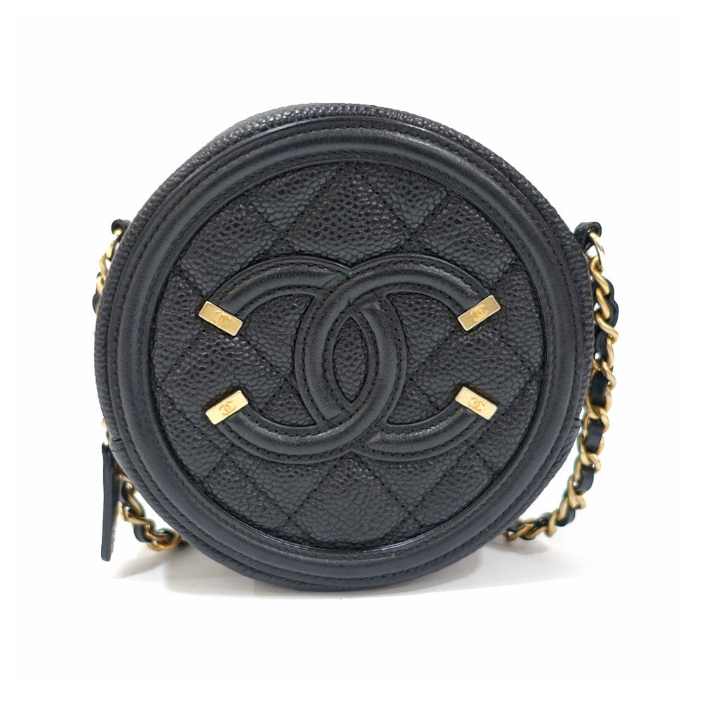 CHANEL Mini Round Chain Shoulder Bag in Black with CC Filigree Detail AB0365  