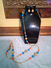 Gold Tone Blue  Pink Round Bead Jewelry Set Necklace  Dangle Earrings