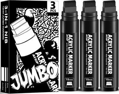 3 Jumbo Permanent Markers Black, 15Mm Large Wide Tip, Thick Acrylic Paint Marker