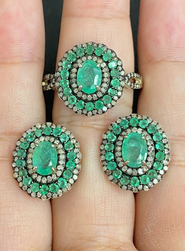 NATURAL EMERALD 7X5 NATURAL DIAMOND STERLING SILVER 925 RING EARRING - 第 1/13 張圖片