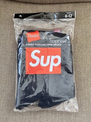 Supreme x Hanes Crew Socks 4 Pack 8 Socks Black Cushioned Size 6-12 New 2026