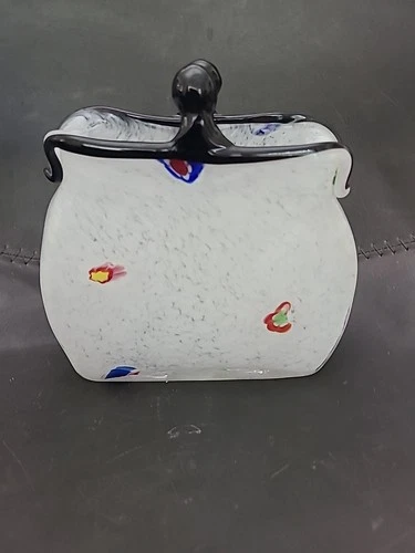 Vintage Art Hand Blown Glass Murano Style Purse Handbag Vase 7.5” Tall