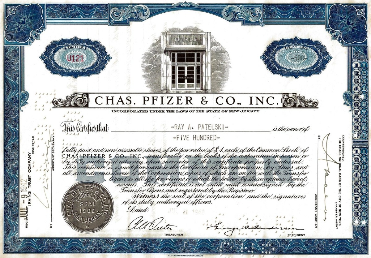 Pfizer New Jersey, 1942 die Pharma-Aktie (500