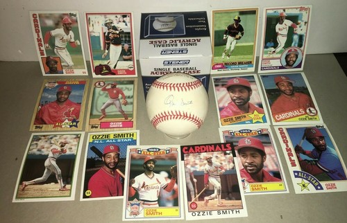 OZZIE SMITH Signed ONL Career Stat BASEBALL & Baseball Card Lot JSA COA - Picture 5 of 8