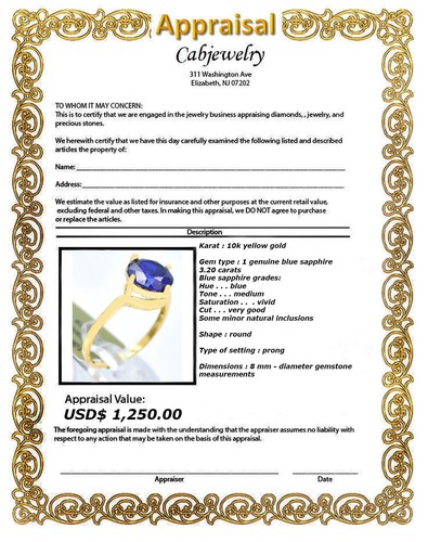 GENUINE 3.20 Cts BLUE SAPPHIRE RING 10K SOLID GOLD - Free Appraisal Service - Picture 6 of 6