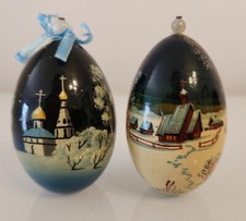 Russian  Hand painted Wood Eggs Church Winter River Trees Flat Bottom