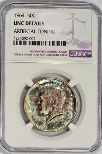 1964-P KENNEDY HALF DOLLAR / NGC UNC DETAILS / COLORFUL ARTIFICIAL TONED OBVERSE