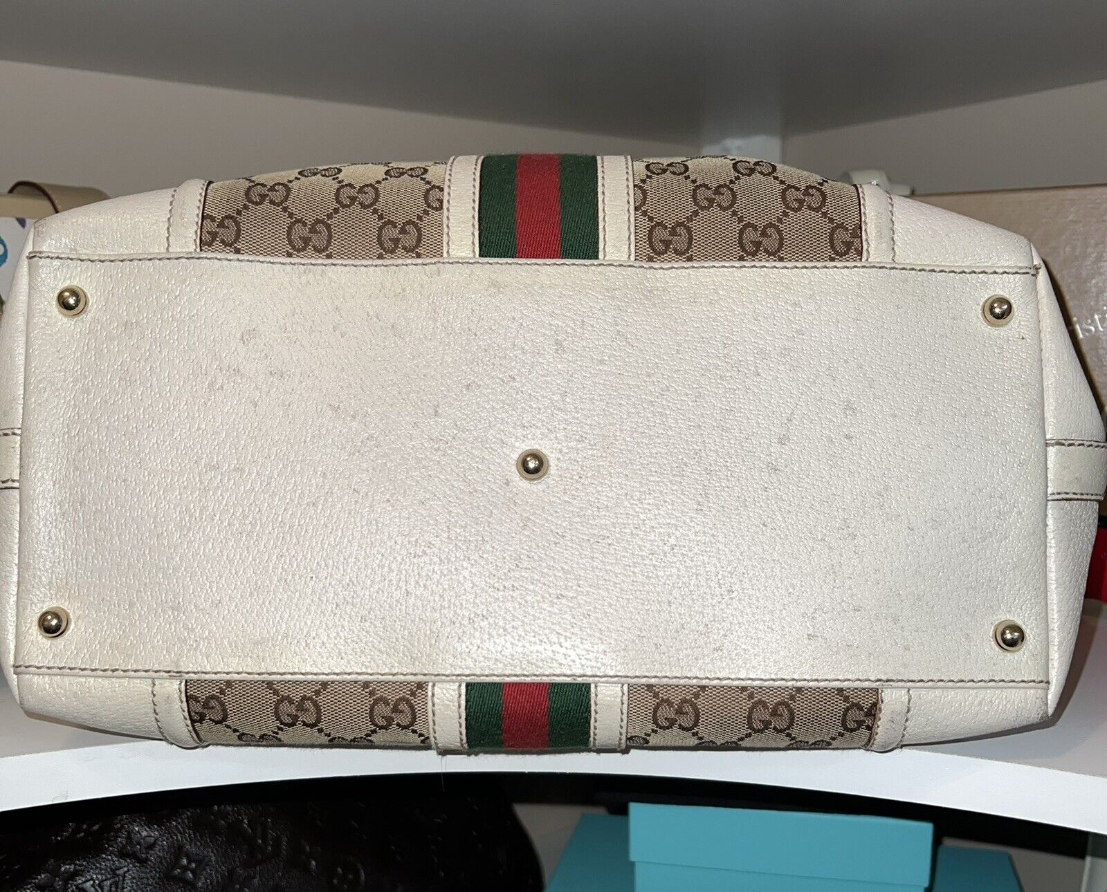 Gucci Vintage Large Canvas & White Leather with Red/Green Stripe & Lock/Key  Bag