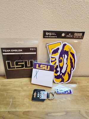 4 Piece LSU TIGERS FAN PACK BUNDLE: CAR MAGNETS, EMBLEM, STICKY NOTES, KEYCHAIN