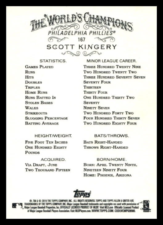 2018 TOPPS ALLEN GINTER X BASEBALL BASE CARD #167 Scott Kingery Phillies RC - Image 2 of 2