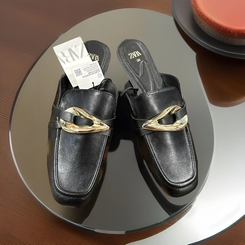 ZARA MULE MOCASINES Zapatos ADORNADOS METÁLICOS NEGROS TALLA 36 Imitación Cuero