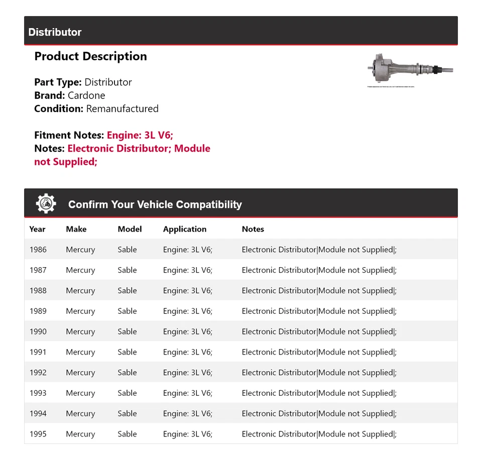 Для 1986-1995 Mercury Sable 3L V6 дистрибьютор Cardone 1987 1988 1989 1990 1991 - Изображение 2 из 4