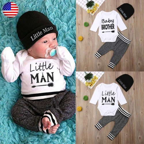 3PCS Set Newborn Kids Baby Boy Romper Tops Shirt +Long Pants Hat Outfits Clothes