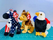 TY Beanie Babies Lefty 2000 Donkey Courage Dog (TAGS) & Free Eagle (No Tag) Lot