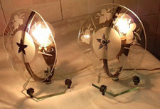 RARA COPPIA ABAT-JOUR D'EPOCA VETRO INTAGLIATO E OTTONE RARE PAIR OLD TABLE LAMP