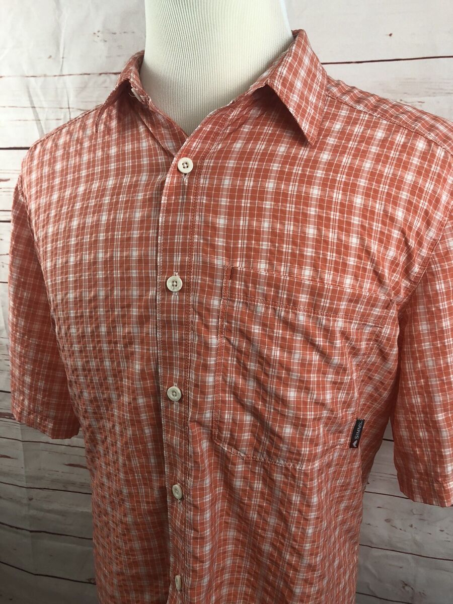 Simms Fishing Shirt Mens Large Orange Button Up Short Sleeve