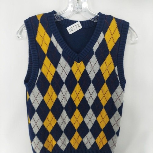 boys argyle vest uniform size 13-14 years blue and yellow v neck casual - Picture 2 of 7