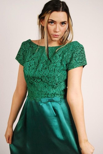 50s Evening Dress (M) vintage green lace satin medium going out open back pinup - Picture 7 of 10