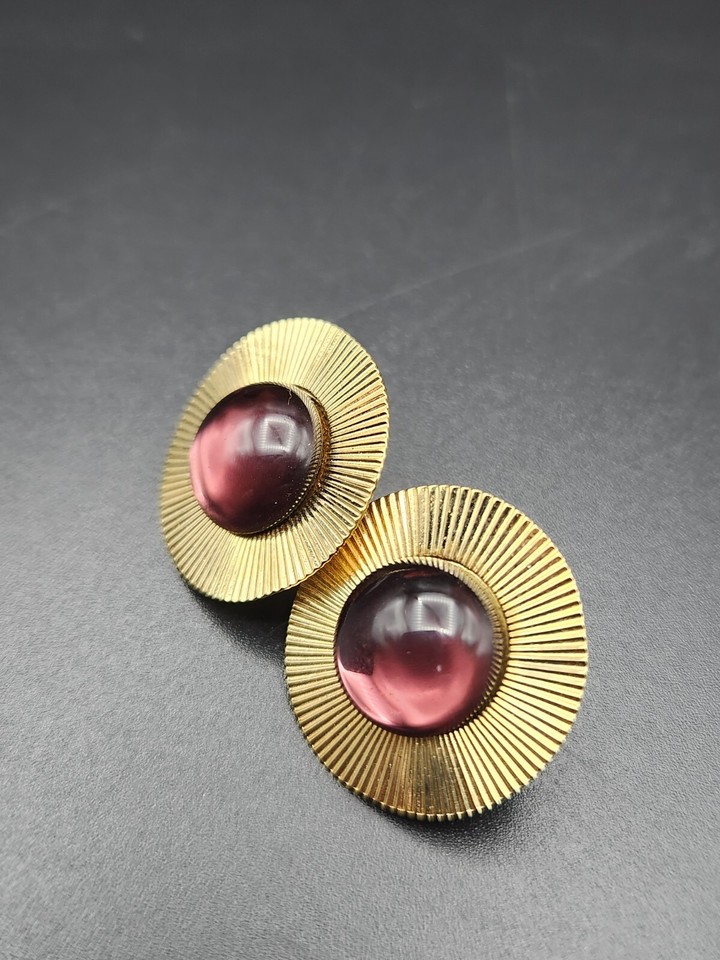 Vintage Art Deco Starburst Disk Purple Cabochon Gold Tone Earrings eBay