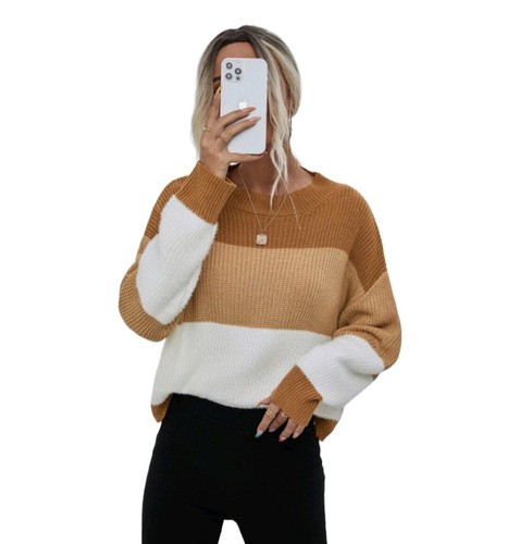 Womens Sweater Round Neck Long Sleeve Color Block Sweaters Womens Tops - Picture 6 of 17