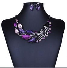 FASHION Pewter toned NWOT women's necklace earring set tulips pink purple