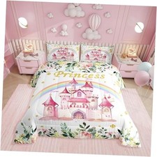 Princess Comforter Set for Girls,Pink Fairy Castle Bedding King Pink White