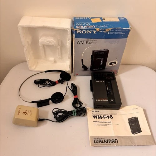 Vtg Sony Walkman WM-F46 FM/AM Cassette Player w/ Mic&Power Cable - TESTED WORKS
