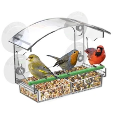Clear Window Bird Feeder with 4 Strong Suction Cups, Removable Tray  Drain Ho...