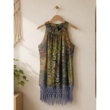 Aristocracy by Osch Halter Neck Macrame Fringe Tunic Top Women's size small
