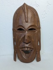 Vintage Carved Wood Tiki Tribal Mask Natural Finish Open Mouth Teeth 13"