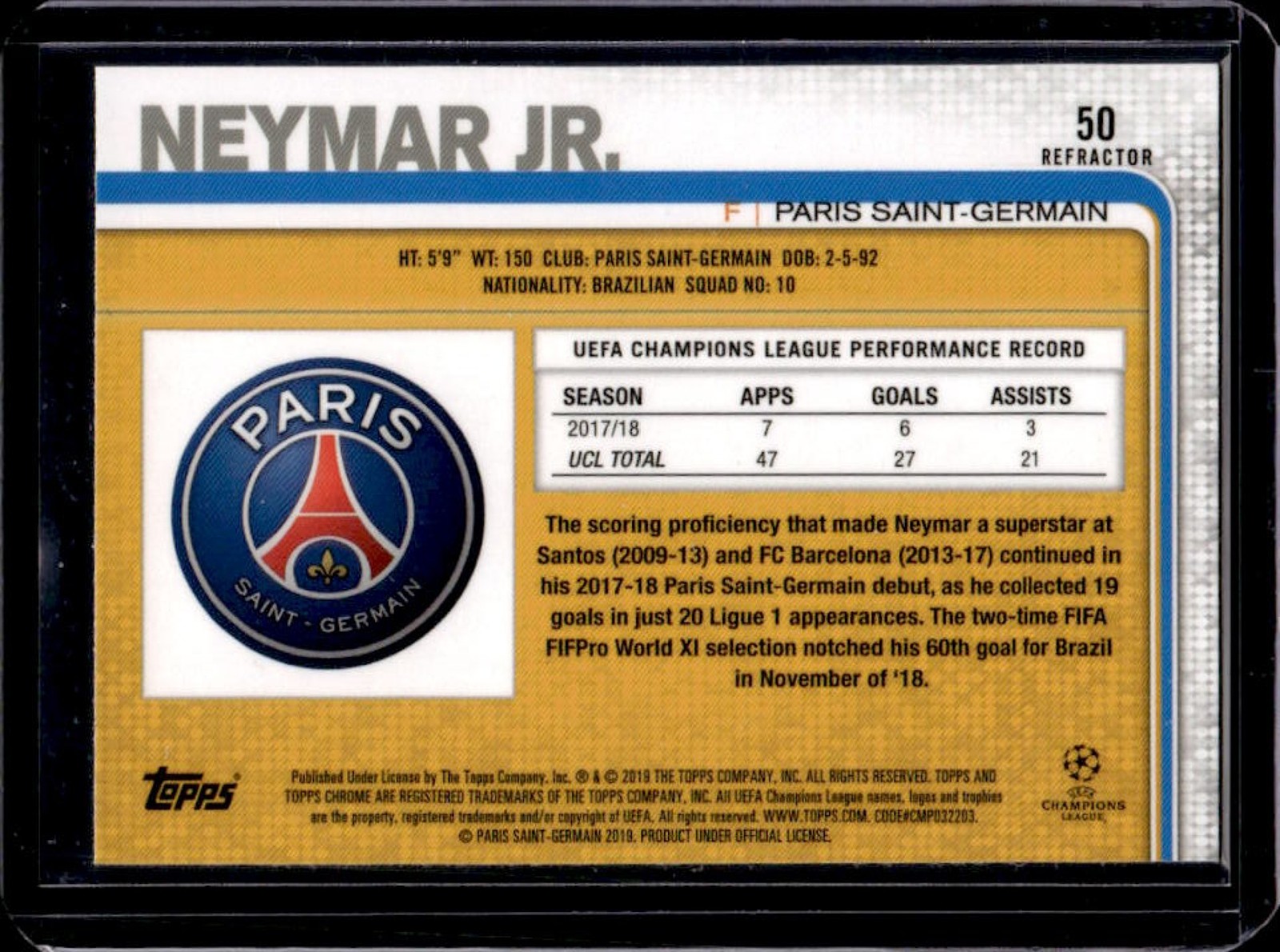 2018 Topps Chrome UEFA Neymar Jr. Refractor #50 PSG view 2