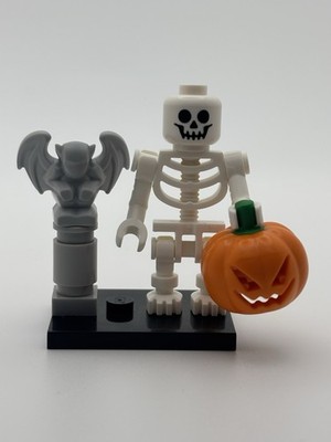 NEW LEGO Halloween Skeleton Minifigure With Pumpkin Head & Gargoyle Statue Moc