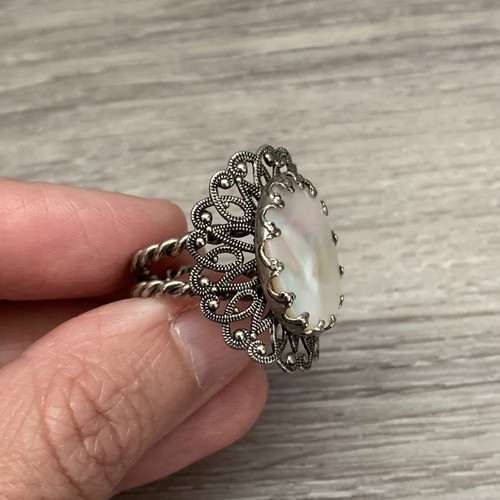 VTG Stamped W GERMANY Adjustable Silver Ring 1”MOP Abalone Stone Center Ring - Picture 2 of 5