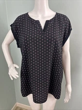 Papermoon Women's Black Print Cap Sleeve V Neck Mixed Media Blouse Top Sz Large