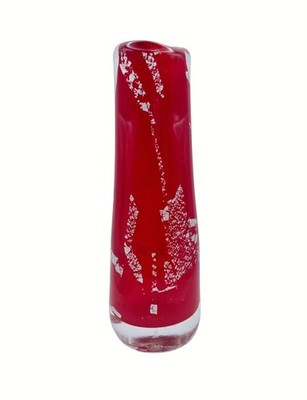 Studio Art Glass Vase Signed Dated Red Silver Foil Leaf Hand Blown 8.25''