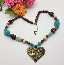 Chunky Bohemian Statement Heart Pendant Beaded Necklace 27" Adj. Multicolor
