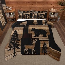 Bear Deer Bedding Set Size Kids Wild Animal Hunting Comforter King Brown  black