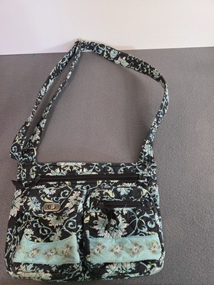 Lemon Hill Fabric Bag Aqua And Black Floral Clean Interior Quilted Pockets