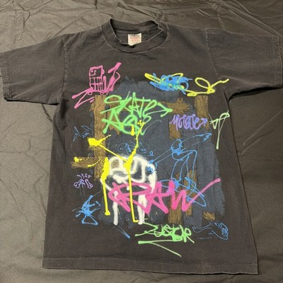 Vintage 80s REN GRAFITTI Black Large Oneita T-Shirt By Wild Oats Neon Paint