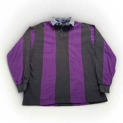 Vintage Polo Ralph Lauren Shirt Mens M Black Purple Striped Rugby Collegiate - Image 1