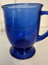 Cobalt Blue Glass Starbucks Mug 16 oz Anchor Hocking Etched Cursive Pedestal