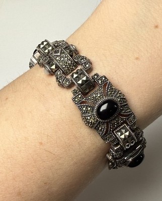 VTG Judith Jack Sterling Silver 925 Marcasite Black Onyx Panel Bracelet 7.75 MOP