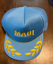 Vintage Maui Hawaiian-Blue Mesh Trucker Snapback Gold Leaf Hat/Cap