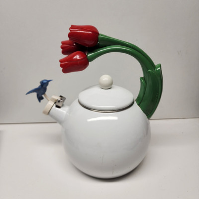 Via Ancona Teapot Hummingbird Tulip Flower Enamel Whistling White Tea Kettle